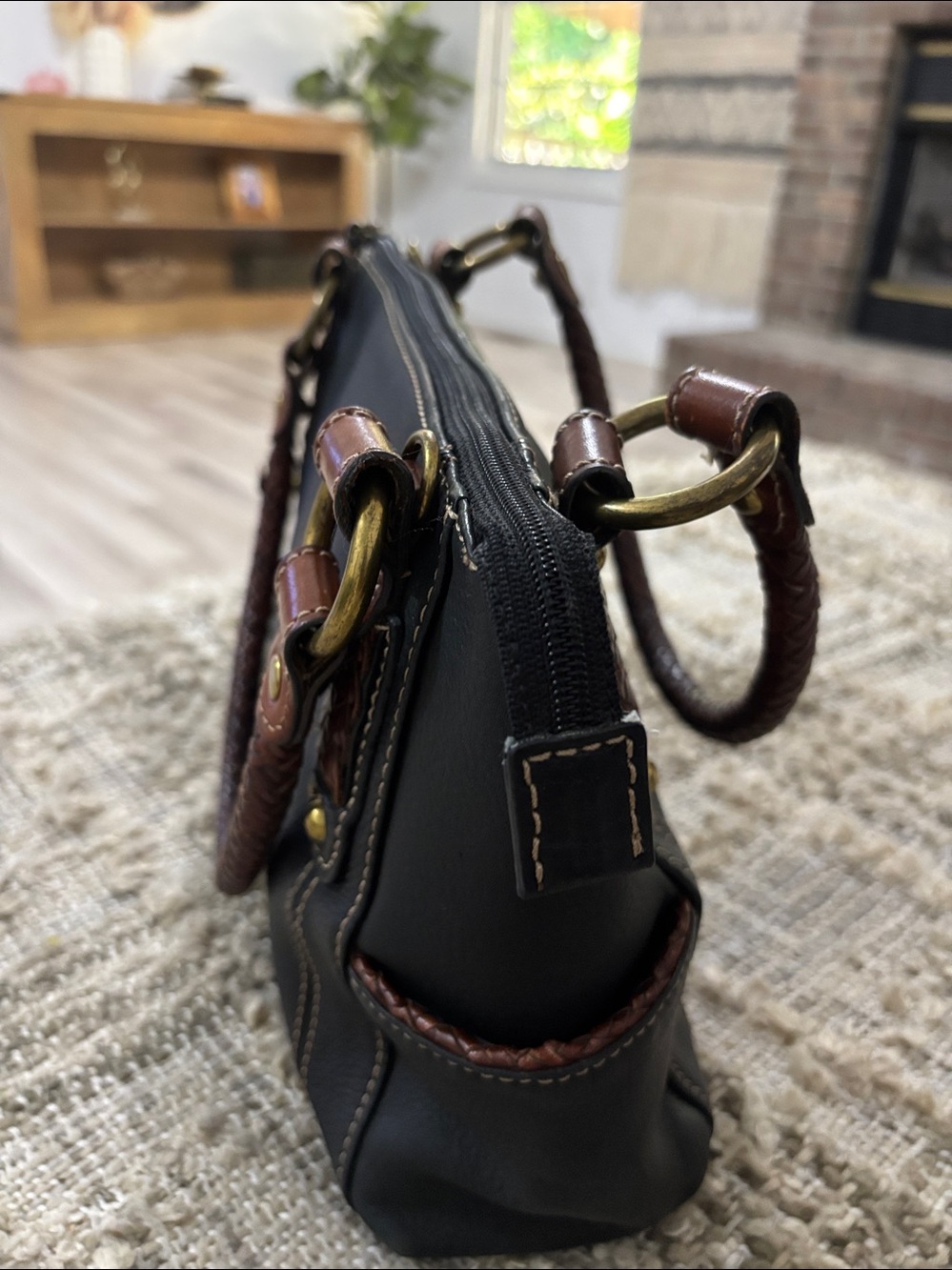 Fossil black leather with cream stitching, double braided handles, - Picture 8 of 14